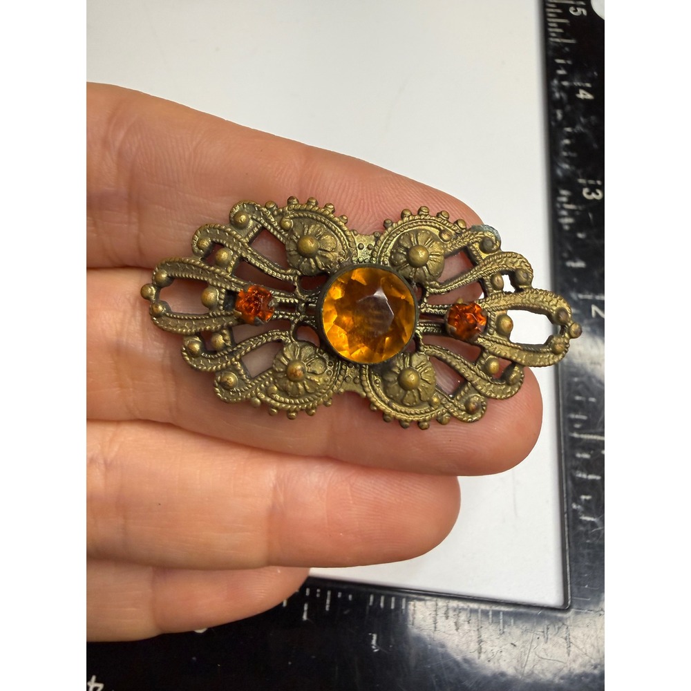 Vintage Brass Filigree Brooch Amber Glass Stone Orange Rhinestone Antique Style